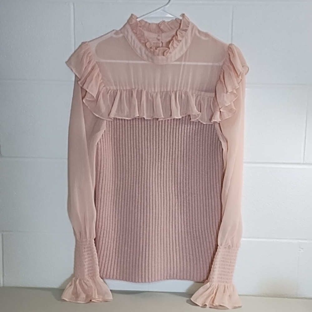 Pastel Pink Puff Sheer Ruffled Sleeve Sweater with Ruffled Neckline